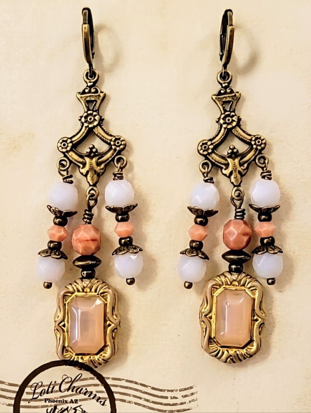 Victorian Rustic Cottagecore Pink Glass Chandelier Earrings In Brass